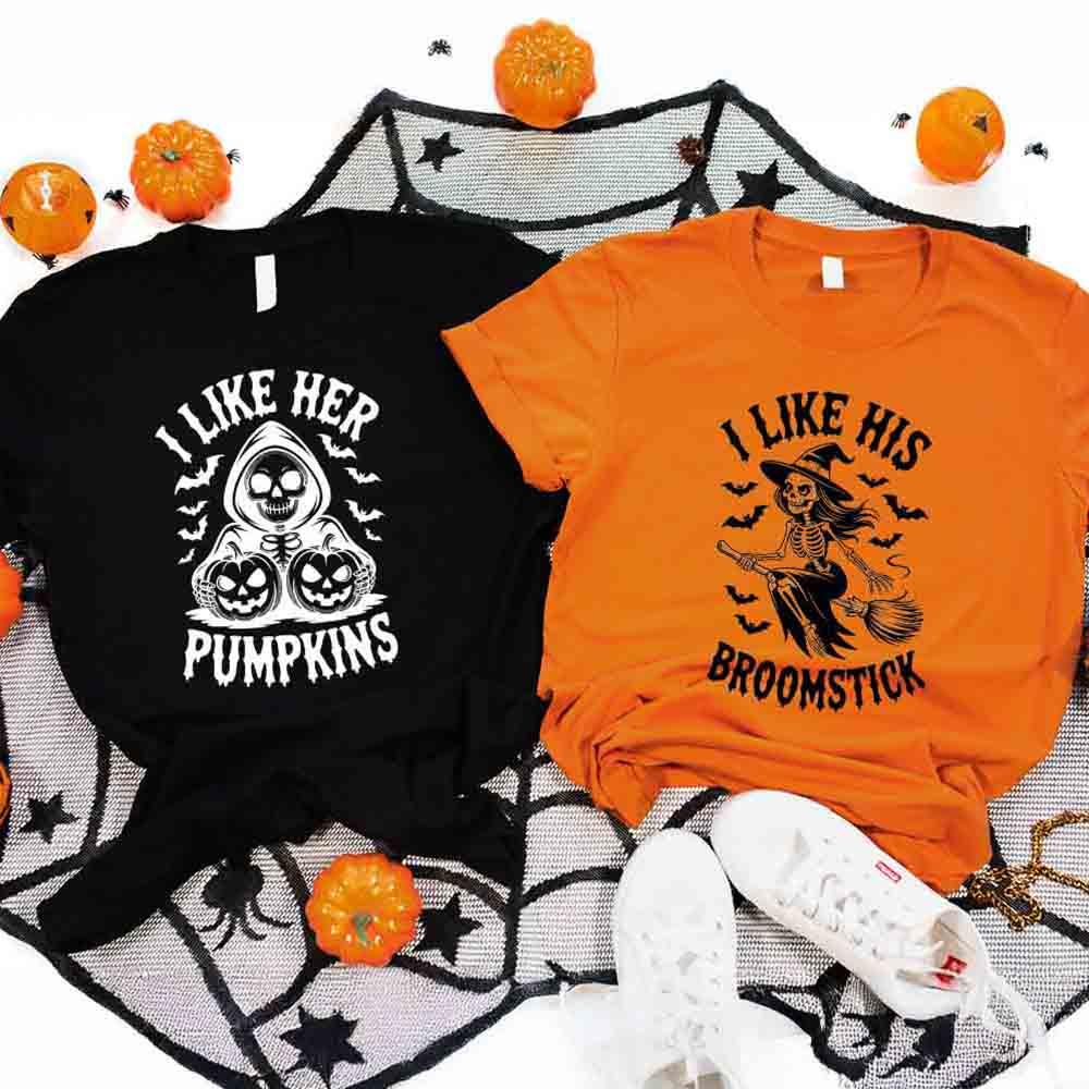 Black and orange Halloween couple T-shirts: “I LIKE HER PUMPKINS” and “I LIKE HIS BROOMSTICK”