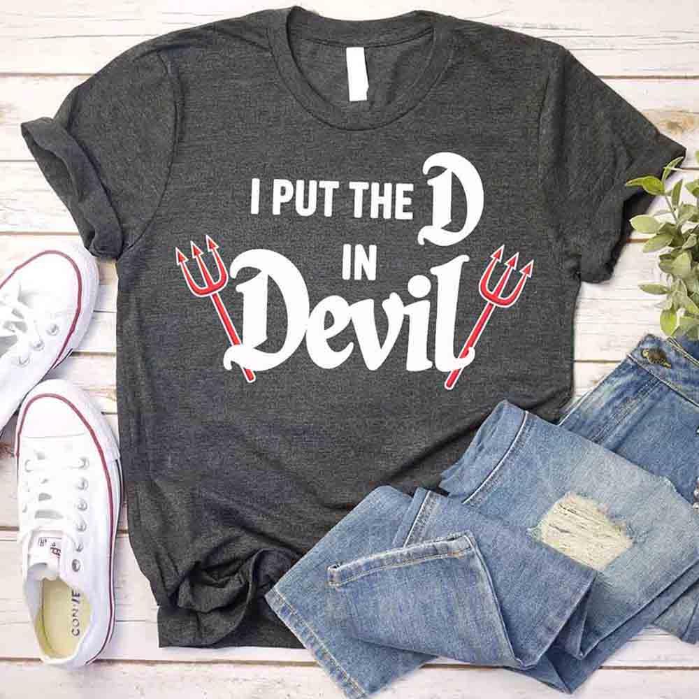 Dark heather gray crew-neck T-shirt with 'I PUT THE D in Devil' graphic