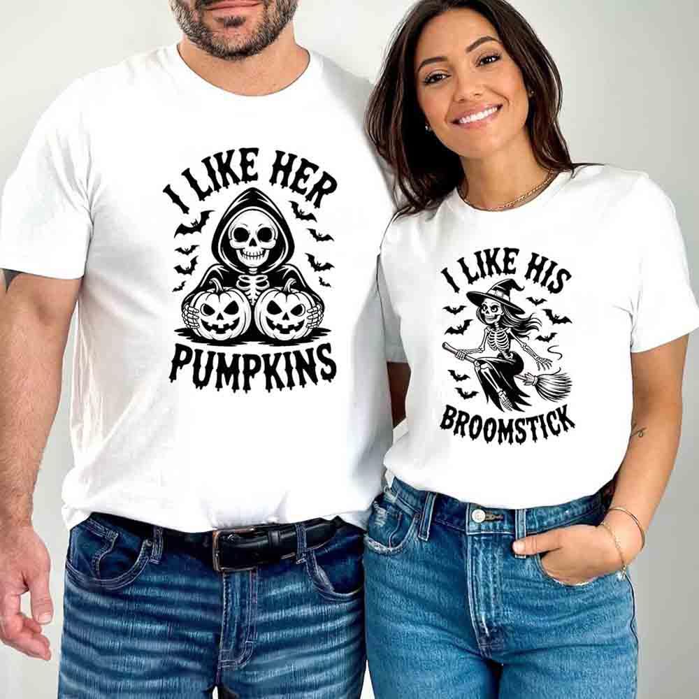 White couple Halloween T-shirts: “I LIKE HER PUMPKINS” and “I LIKE HIS BROOMSTICK”