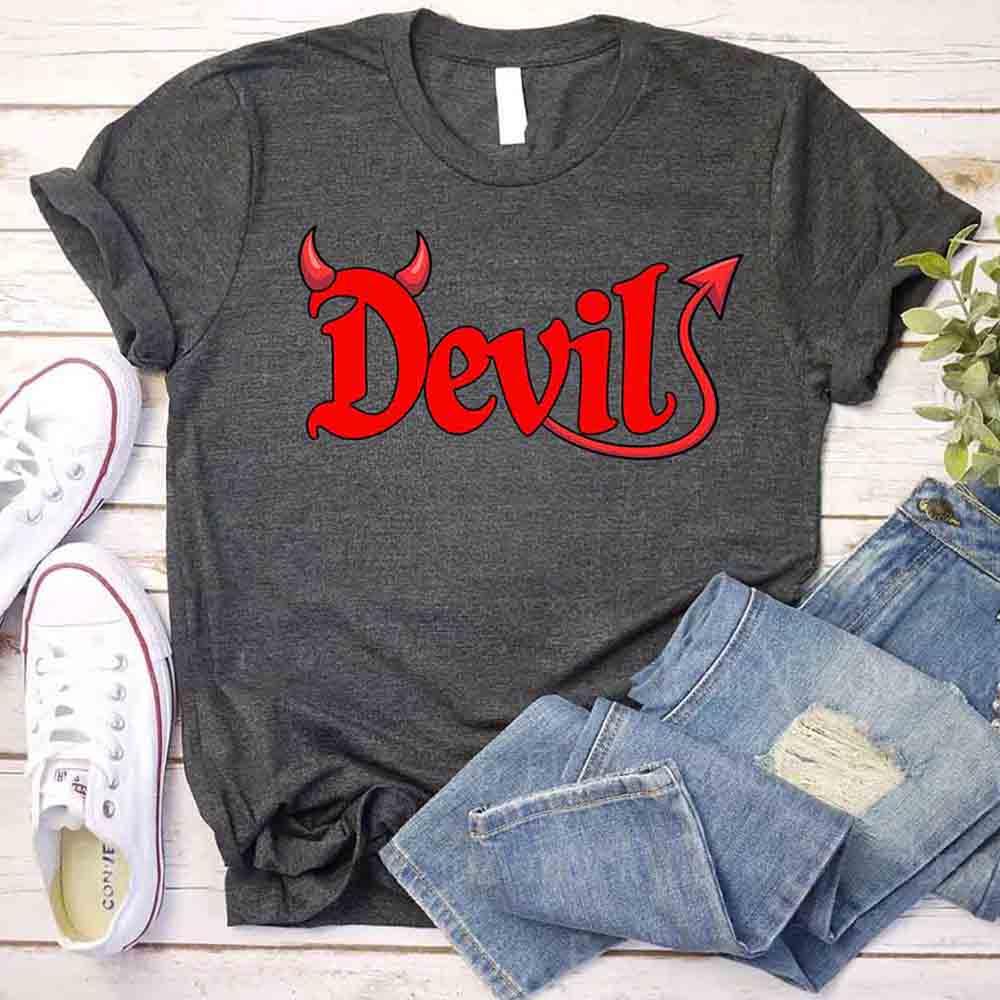 Dark heather gray crew-neck T-shirt with red 'Devils' graphic and horns