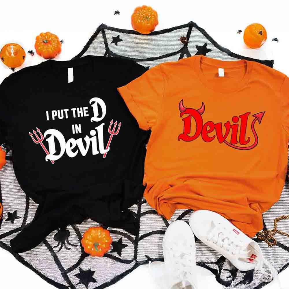 Halloween couple T-shirts set: black and orange, “I Put the D in Devil” graphic