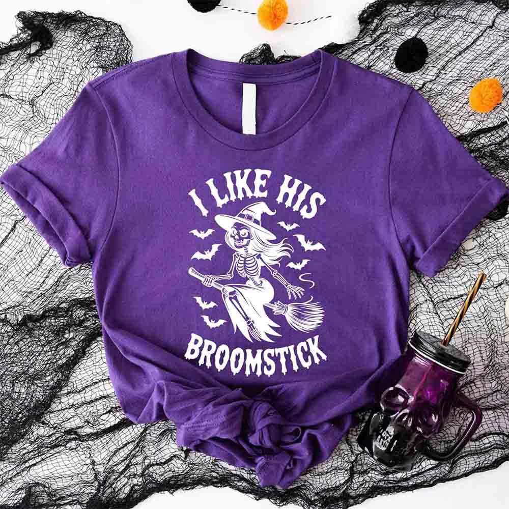 Purple Halloween T-shirt with 'I Like His Broomstick' skeleton witch print