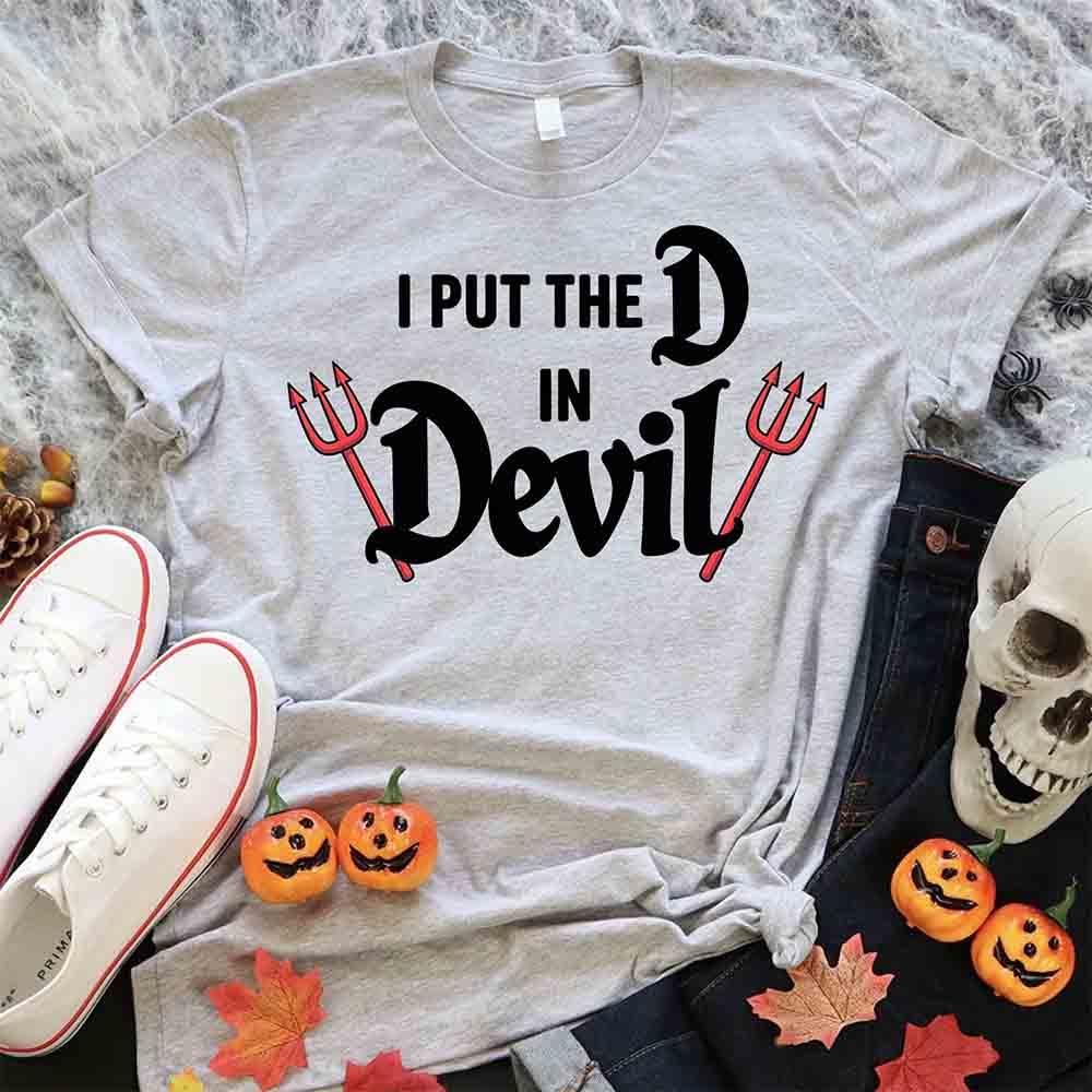 Heather gray Halloween T-shirt with “I Put the D in Devil” devil pitchfork graphic