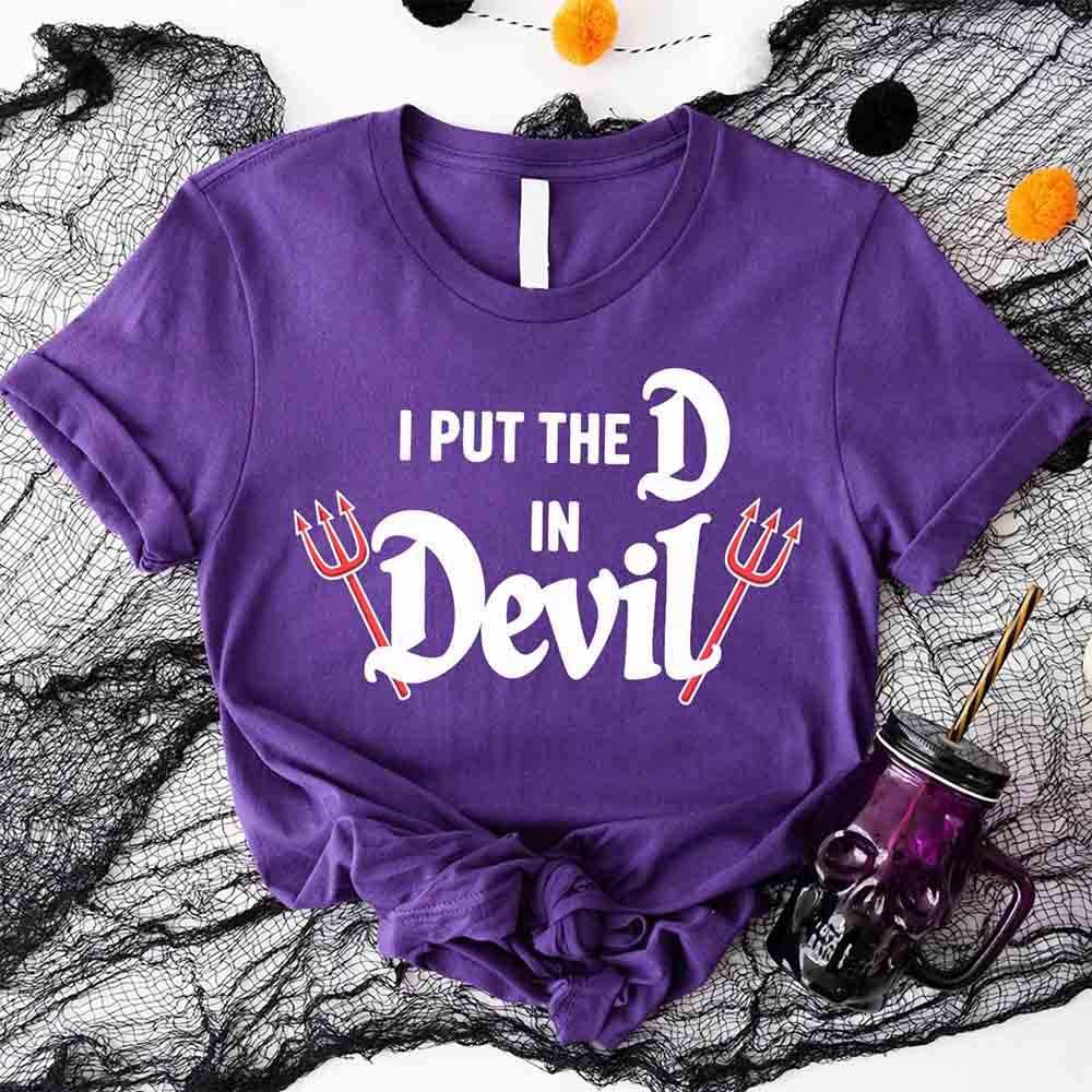 Purple crew-neck T-shirt with 'I PUT THE D in Devil' white print