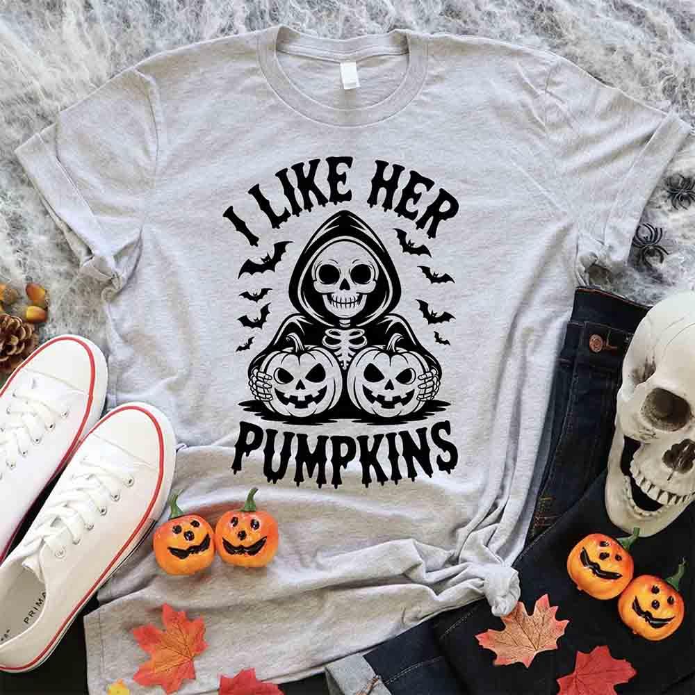 Light gray Halloween T-shirt with 'I Like Her Pumpkins' skull and pumpkin graphic
