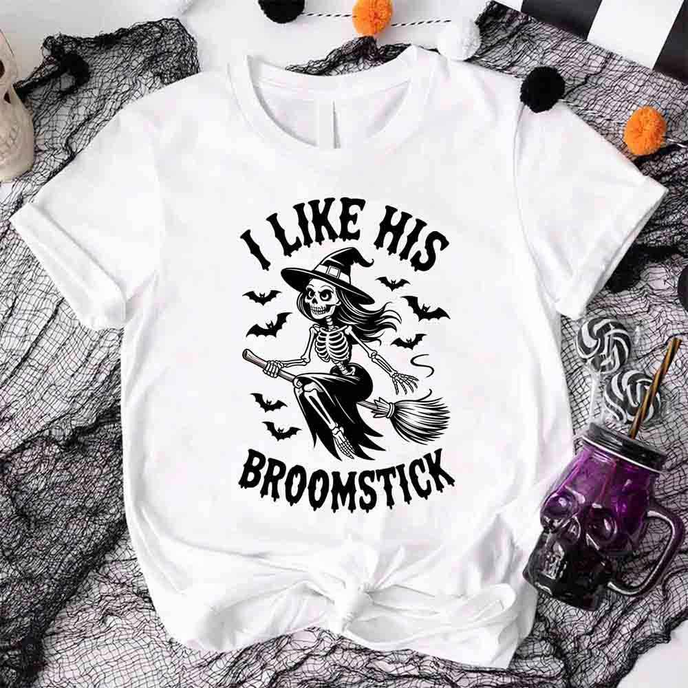 White Halloween couple T-shirt with “I LIKE HIS BROOMSTICK” skeleton witch graphic