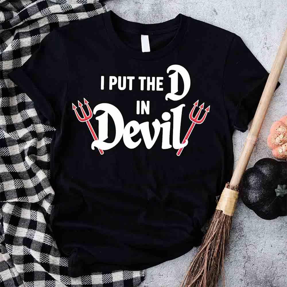 Black crew-neck T-shirt with white 'I PUT THE D in Devil' print