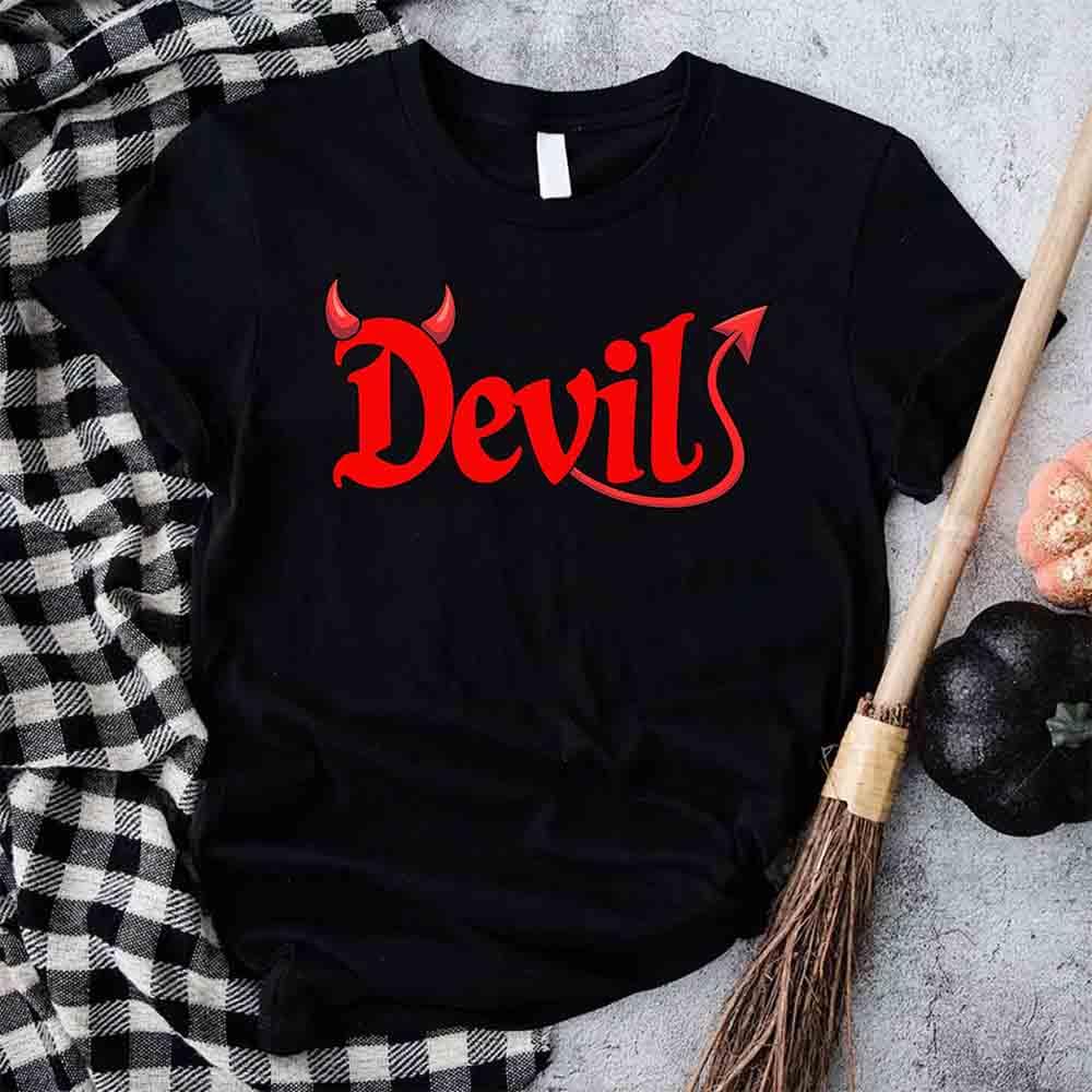 Black crew-neck T-shirt with red 'Devils' graphic and devil horns