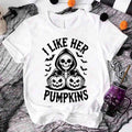 White Halloween couple T-shirt with “I LIKE HER PUMPKINS” skull graphic