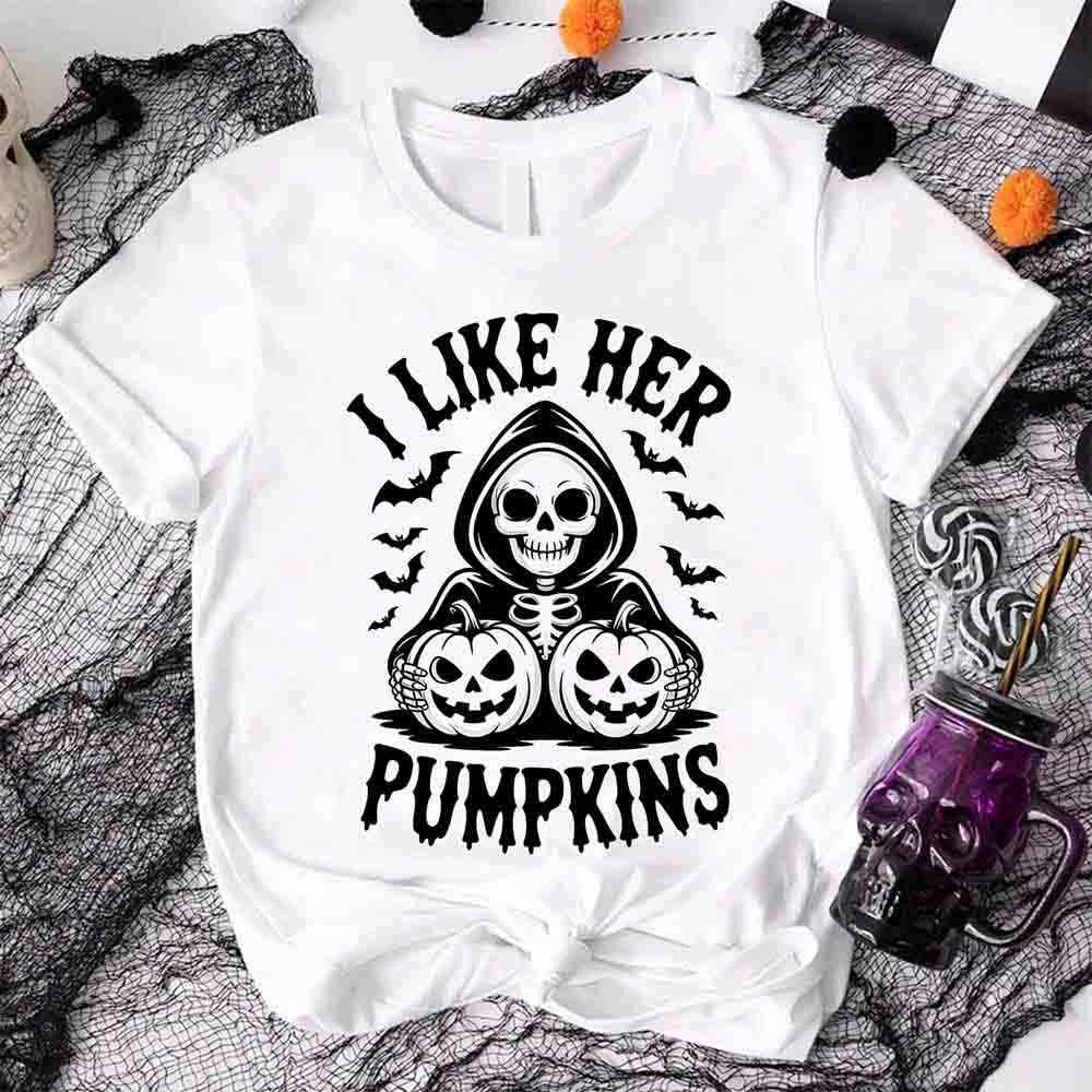 White Halloween couple T-shirt with “I LIKE HER PUMPKINS” skull graphic
