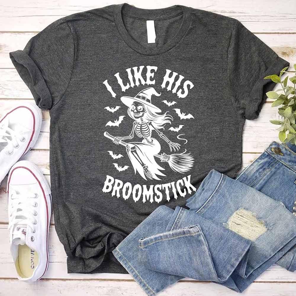 Dark gray Halloween T-shirt with 'I Like His Broomstick' skeleton witch print