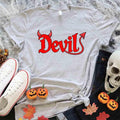 Heather gray Halloween T-shirt with large red “Devil” emblem graphic