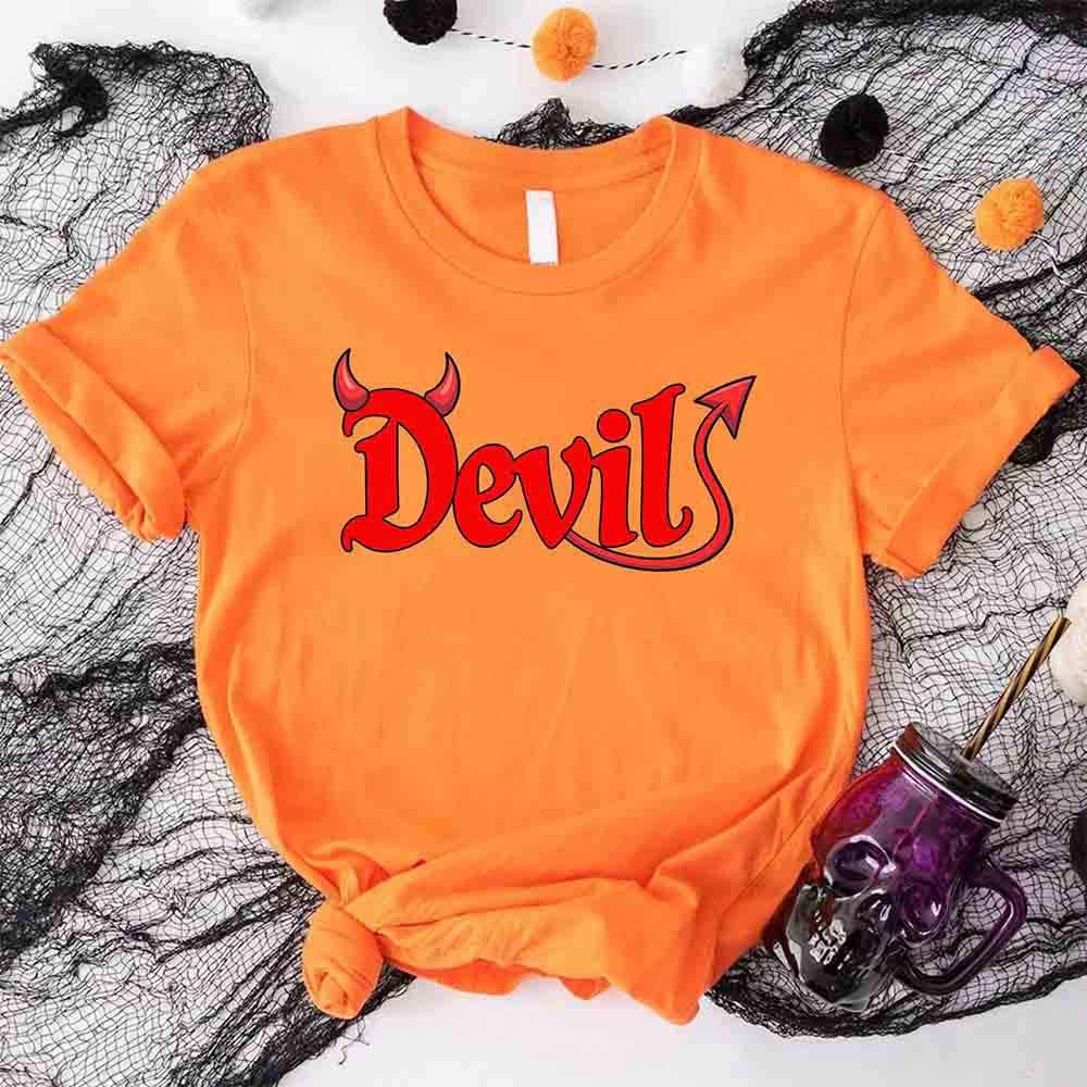 Orange crew-neck T-shirt with red 'Devil' graphic and devil horns