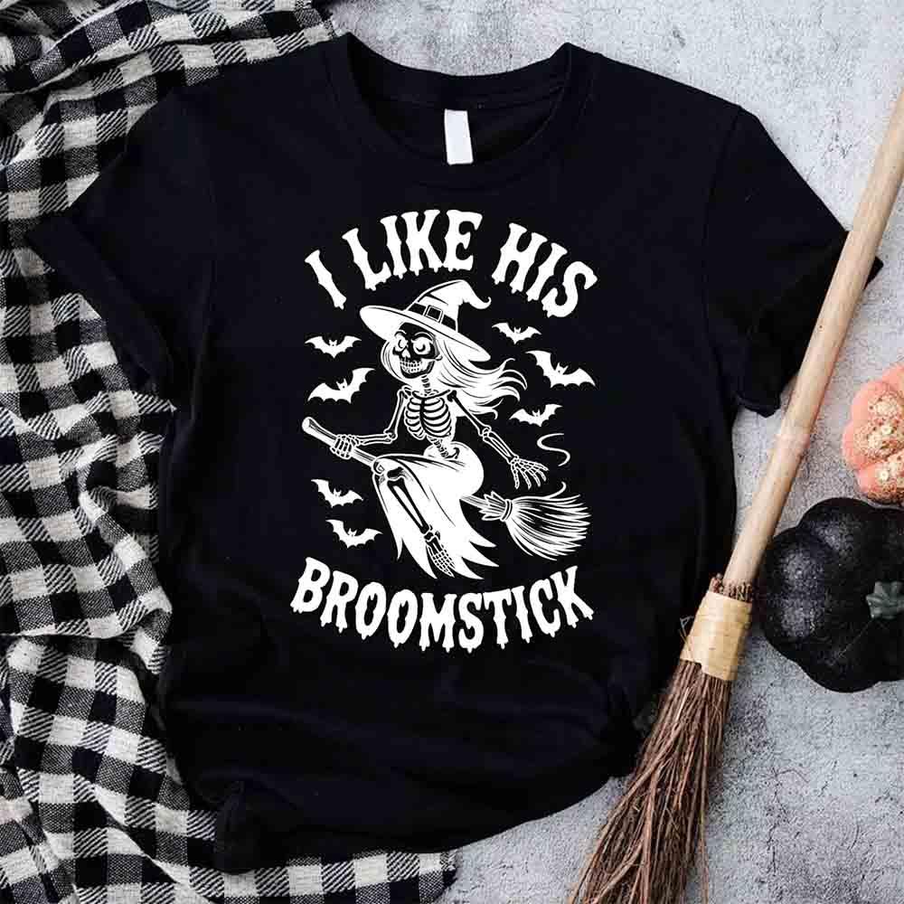 Black Halloween T-shirt with 'I Like His Broomstick' skeleton witch print