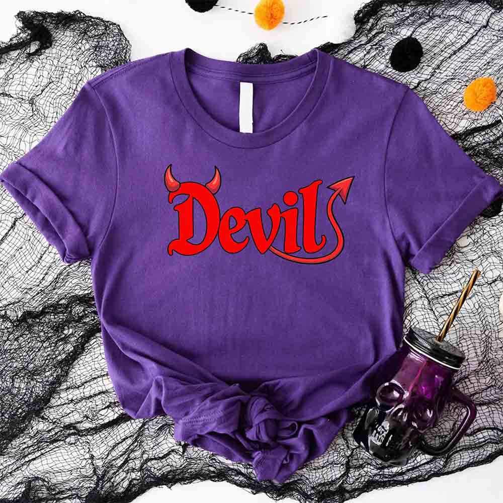 Purple crew-neck T-shirt with red 'Devil' text and horns