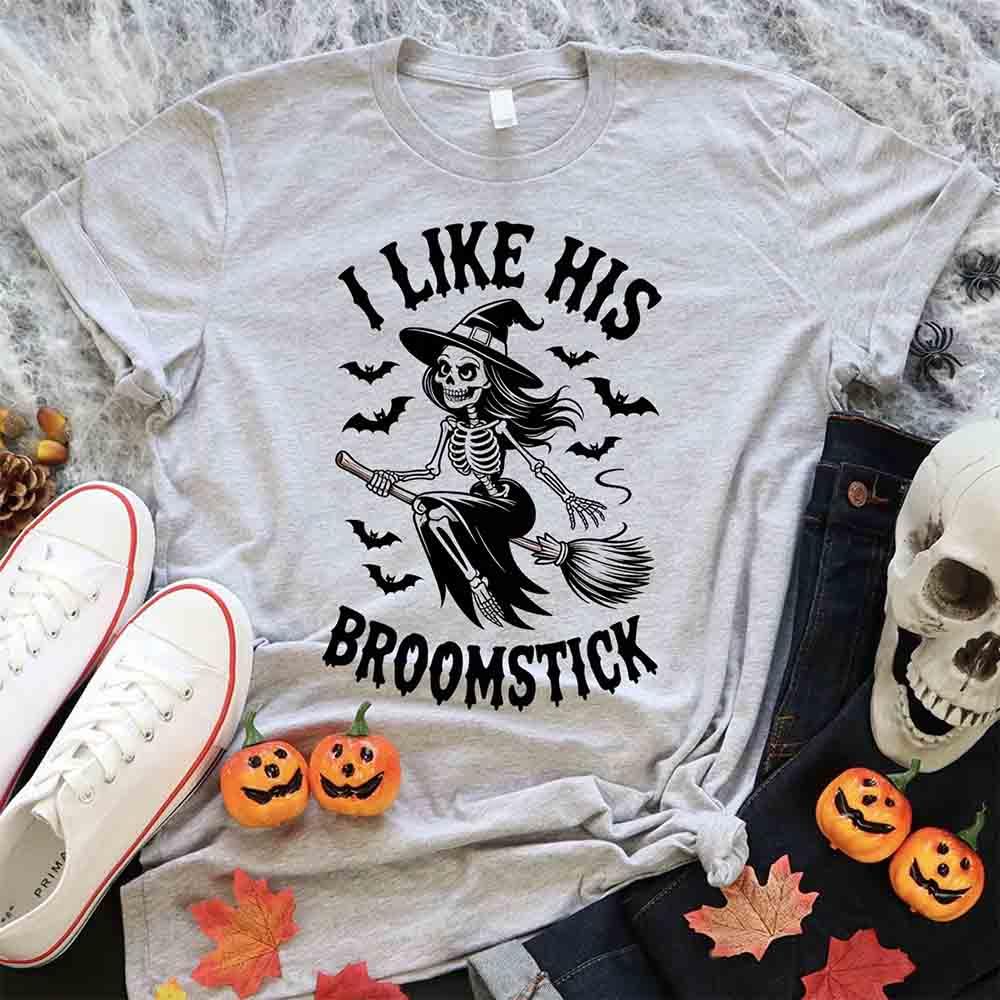 Light gray Halloween T-shirt with 'I Like His Broomstick' skeleton witch print