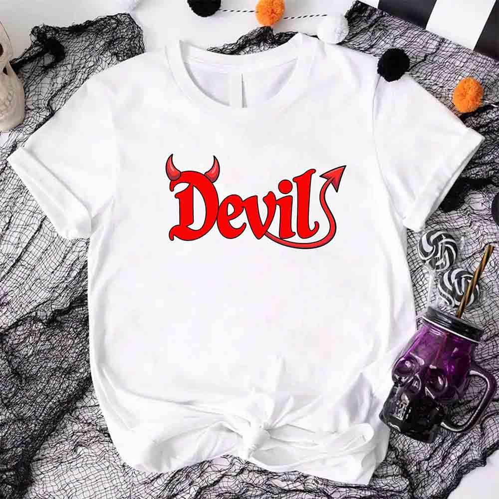 White crew-neck T-shirt with red 'Devils' graphic and devil horns
