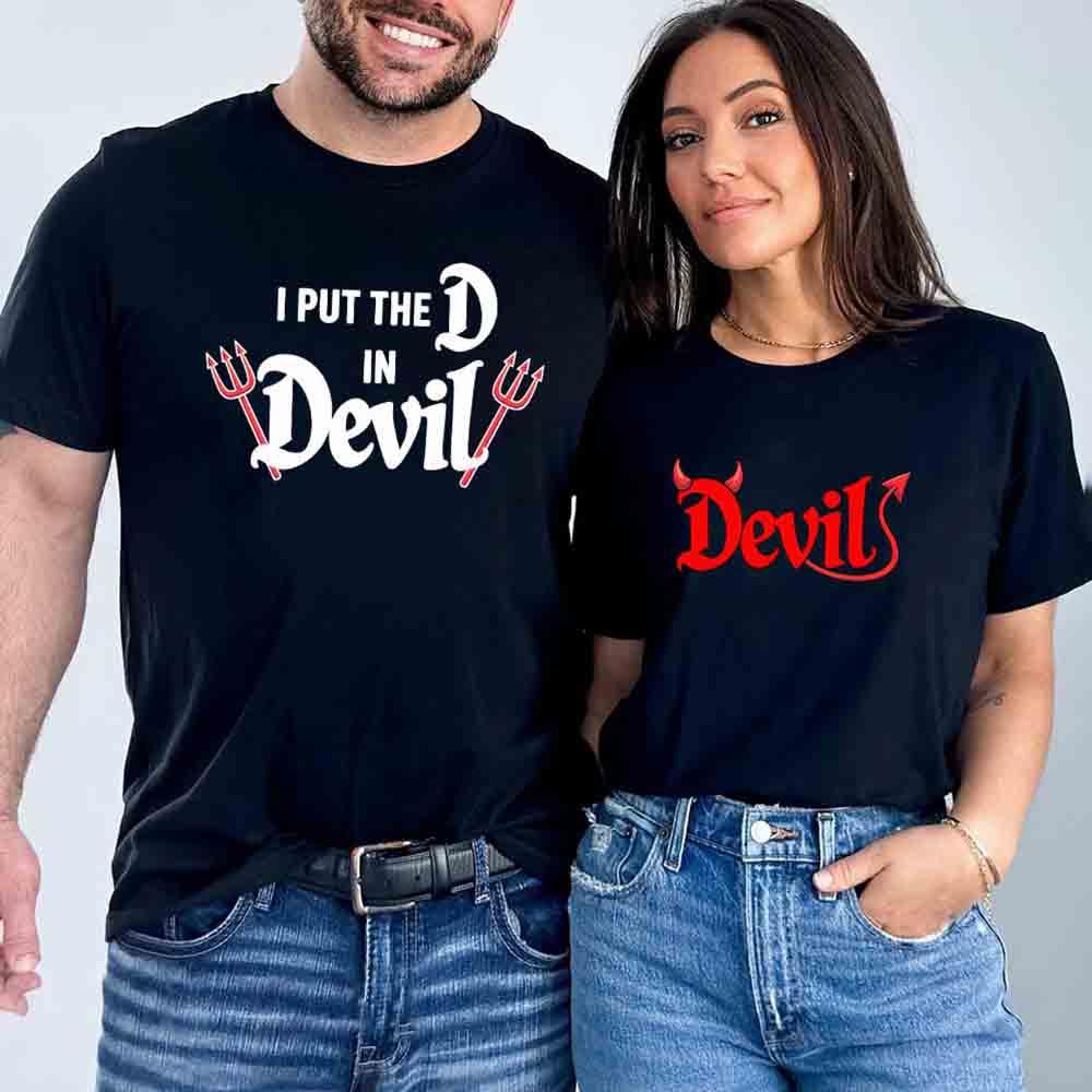 Couples devil T-shirts on models: black tees with “I Put the D in Devil” and “Devil”