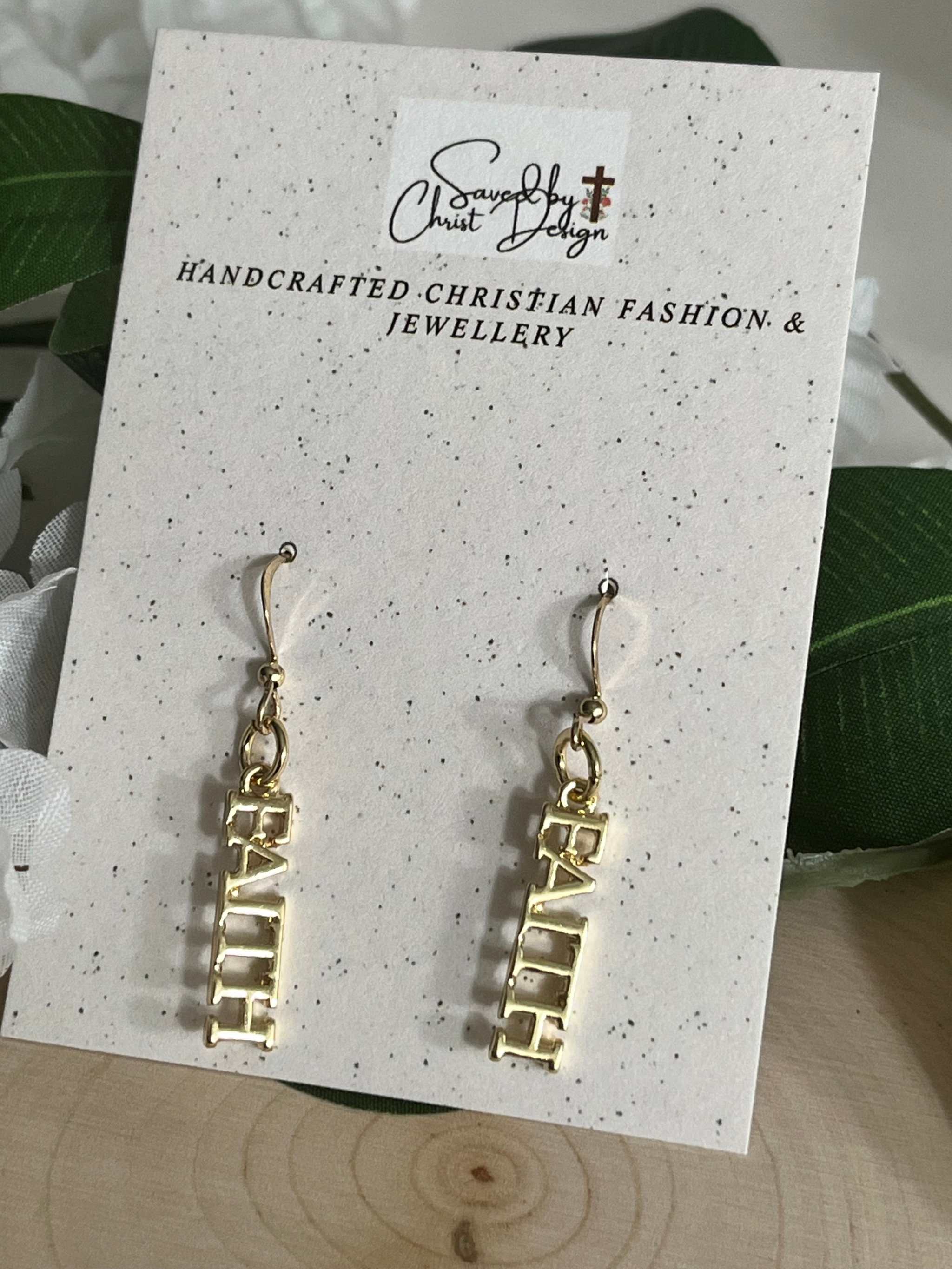 14K gold faith dangle earrings, FAITH block letters, hooked drop style