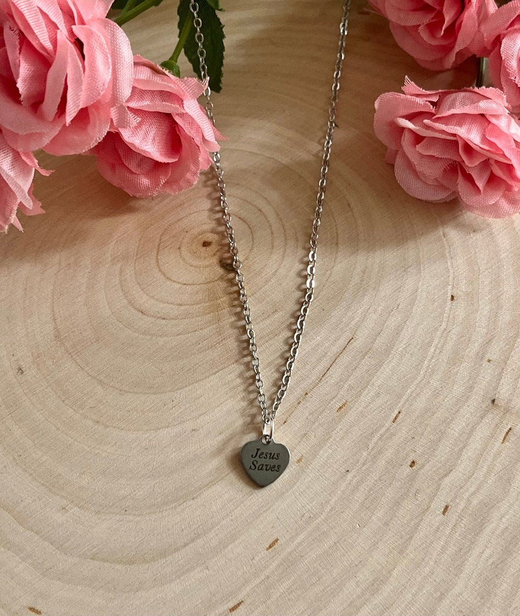 Silver chain necklace with round Jesus Saves pendant