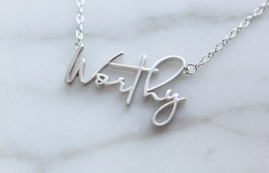 Sterling silver Worthy pendant necklace with linked chain