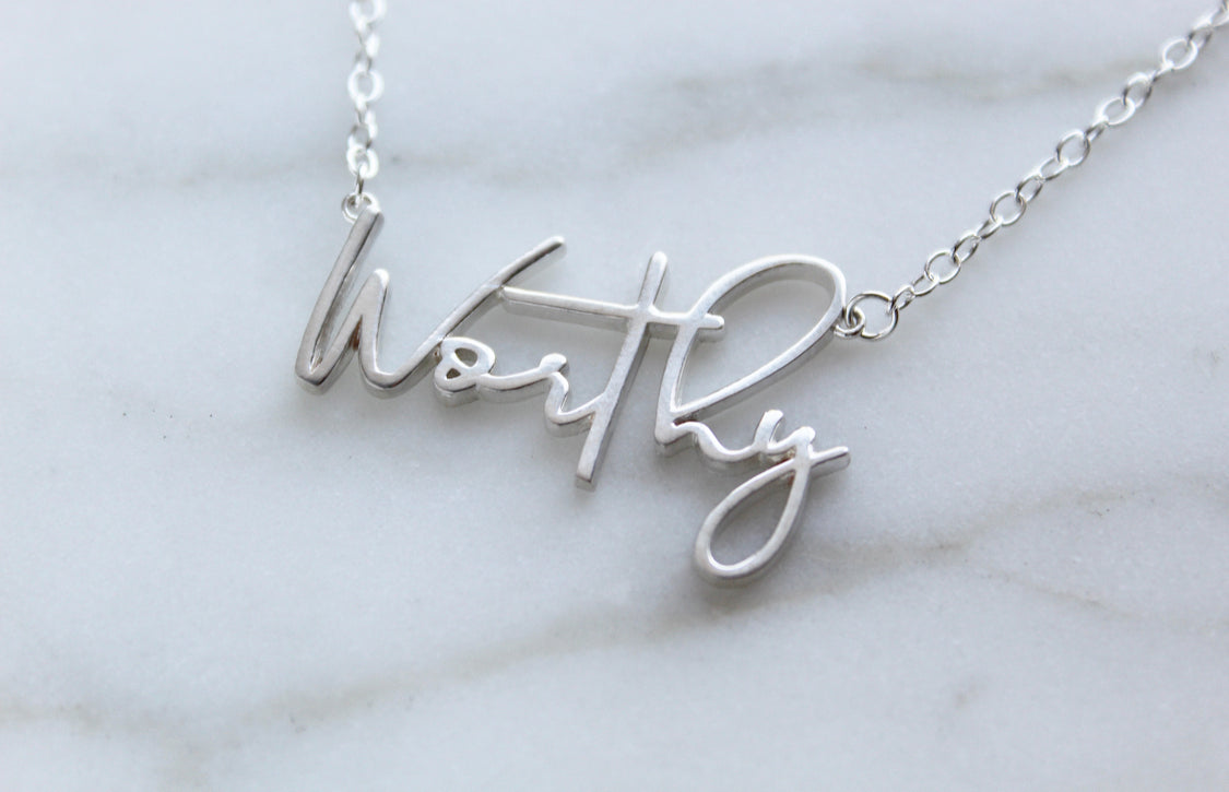Sterling silver Worthy pendant necklace with linked chain