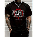 Unisex black graphic T-shirt with “Walk by Faith” front text and 2 Corinthians 5:7
