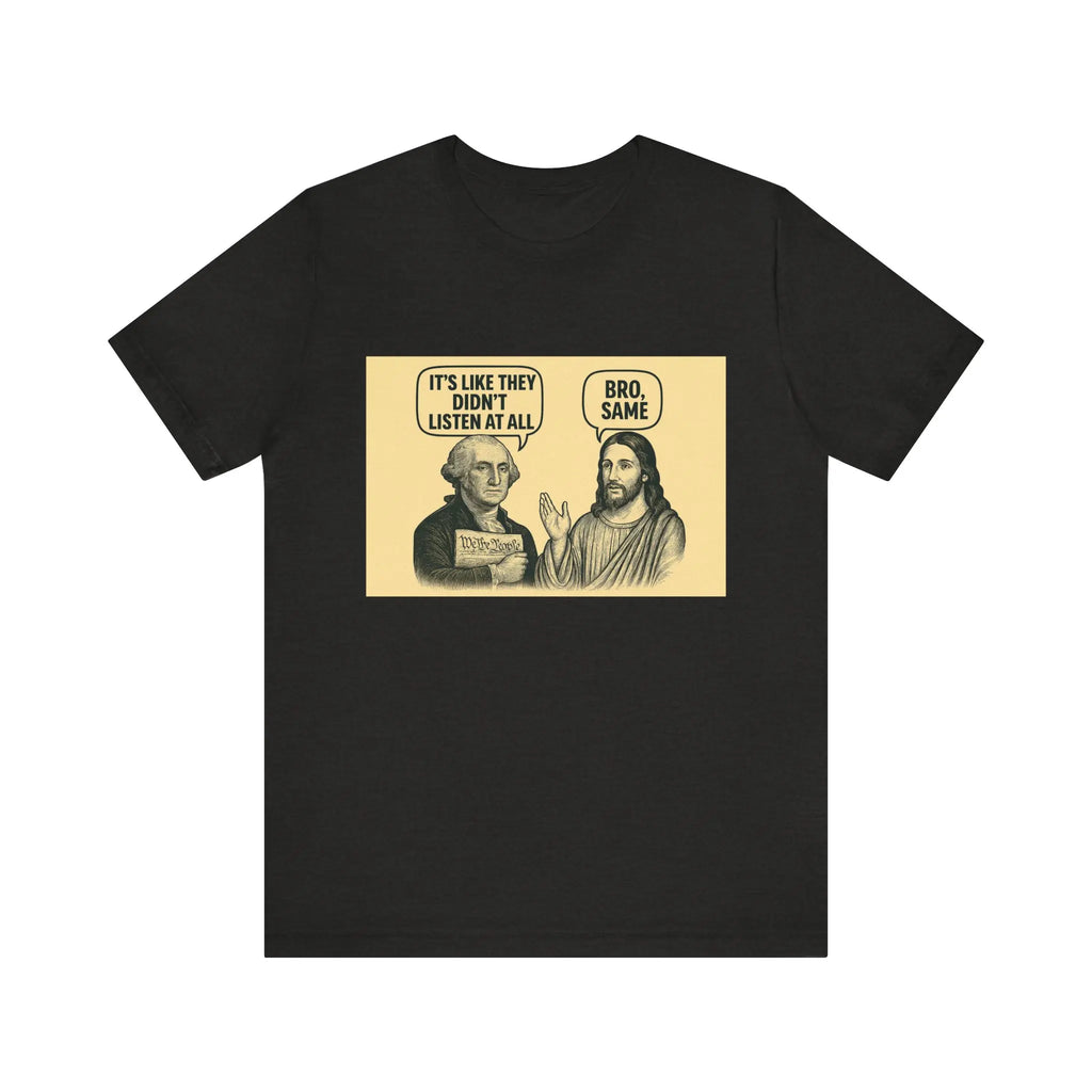 Black unisex T-shirt with centered illustrated graphic and text on a beige rectangle.