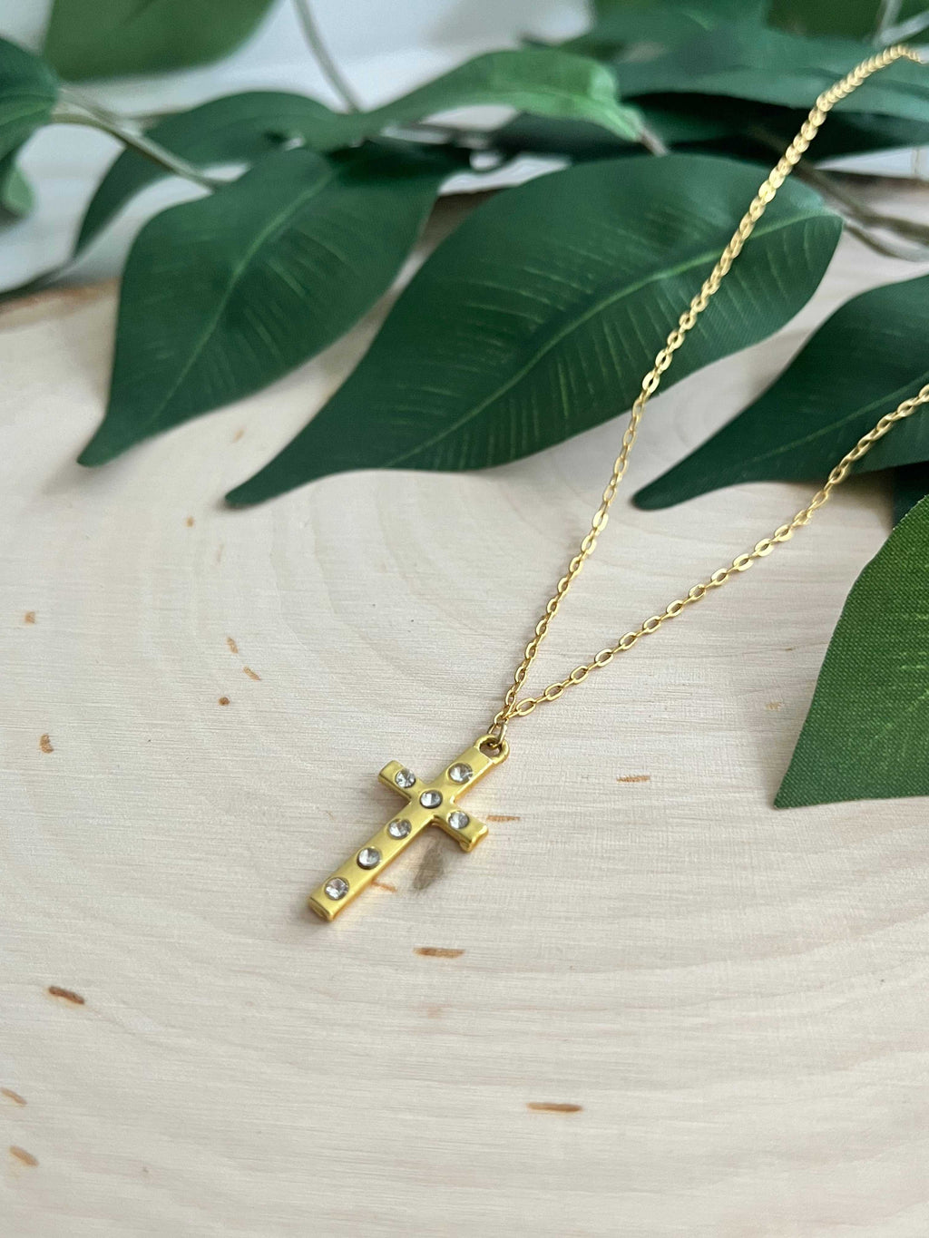 Gold cross pendant necklace, flat cross charm with tiny gem-like dots