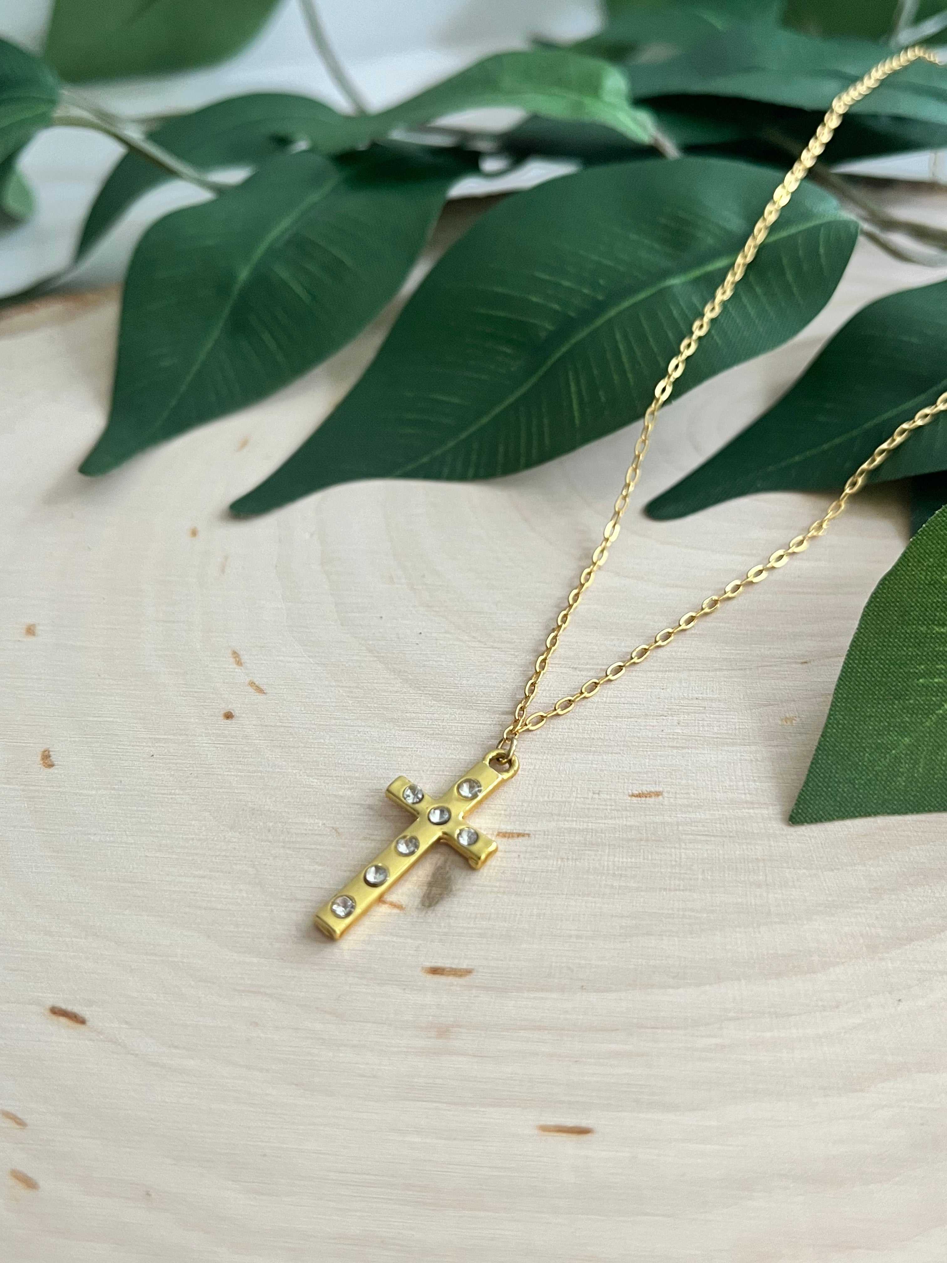 Gold cross pendant necklace, flat cross charm with tiny gem-like dots