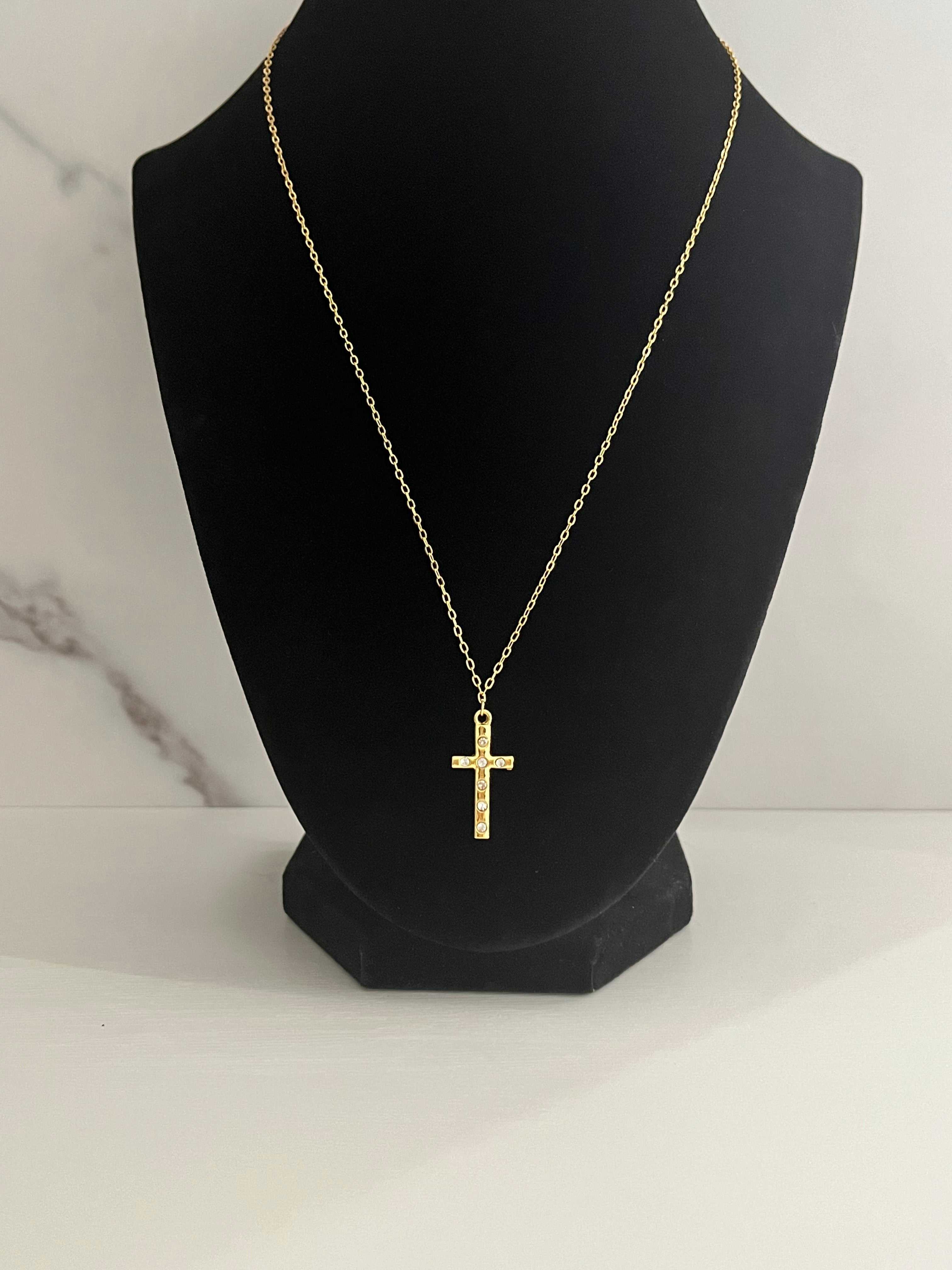 Gold cross pendant necklace, cross charm centered with thin link chain