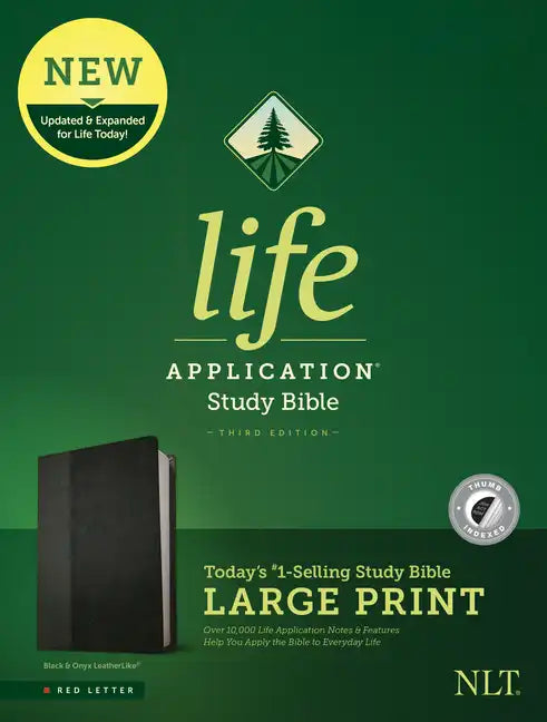 Large print study Bible cover in black leatherlike, indexed, with life application branding.
