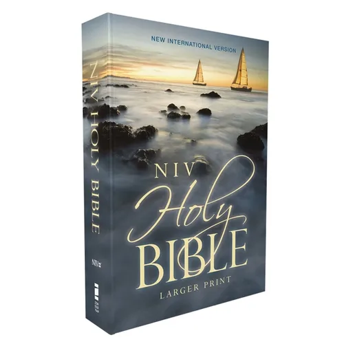 Blue paperback Holy Bible with NIV logo and Larger Print cover