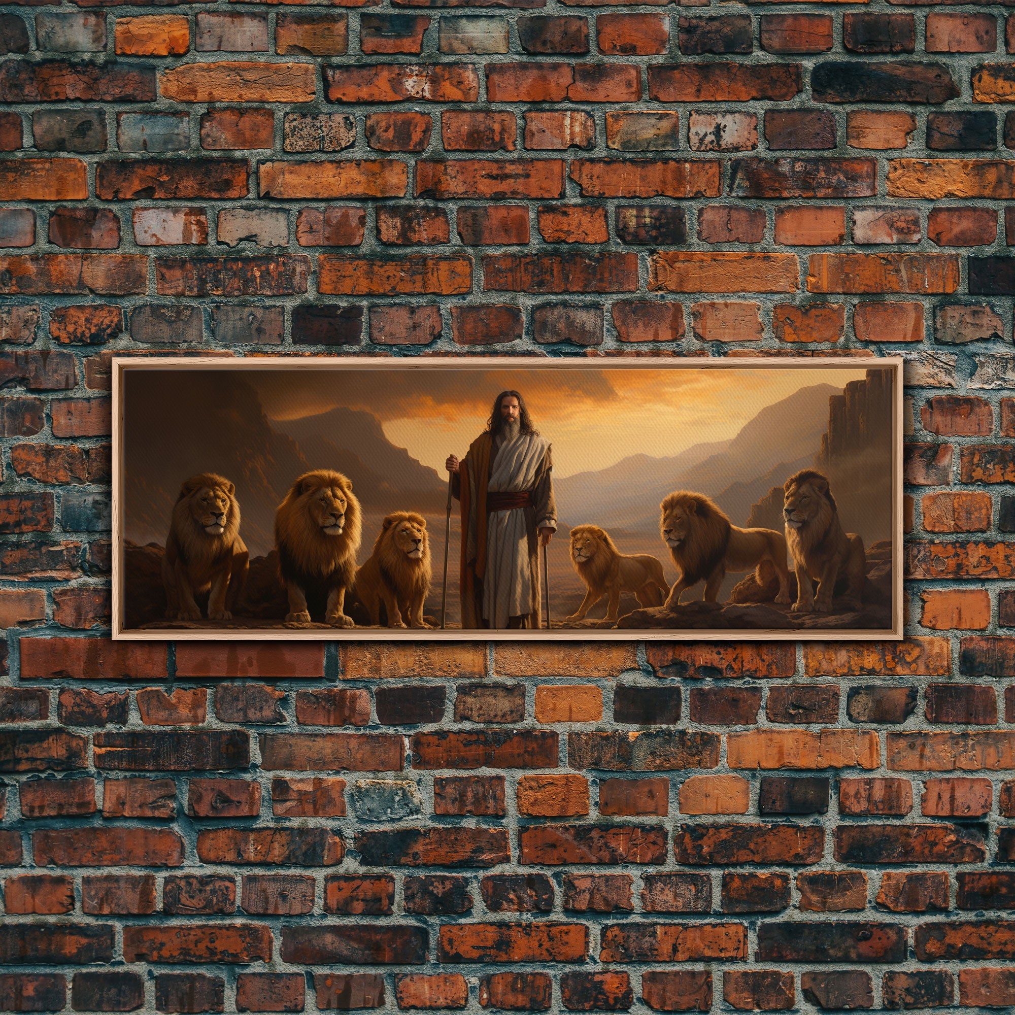 Dark-framed canvas print of Jesus standing between lions in a desert scene