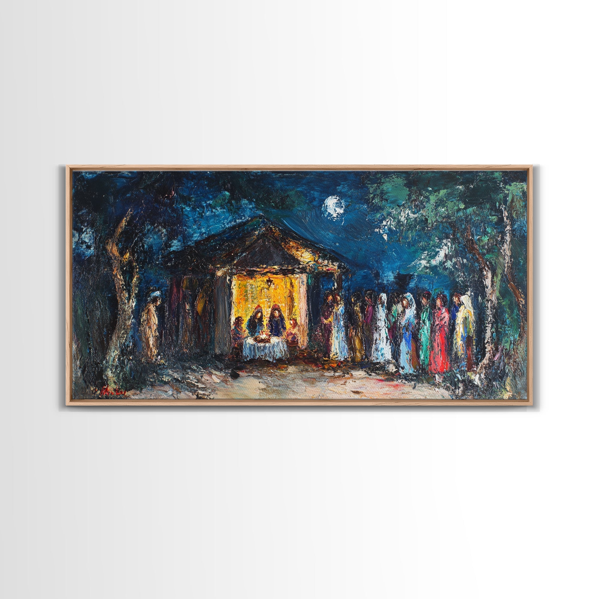 Framed canvas print with blue sky, yellow-roof house, and red and blue standing figures