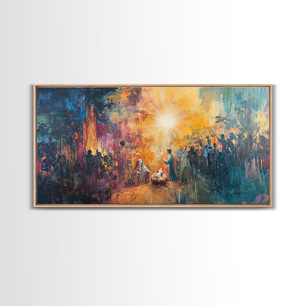Nativity canvas print in light wood frame with glowing star and silhouettes in a town scene