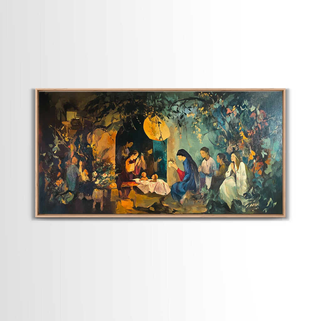 Nativity canvas wall art in light wood frame, glowing angel over manger and figures