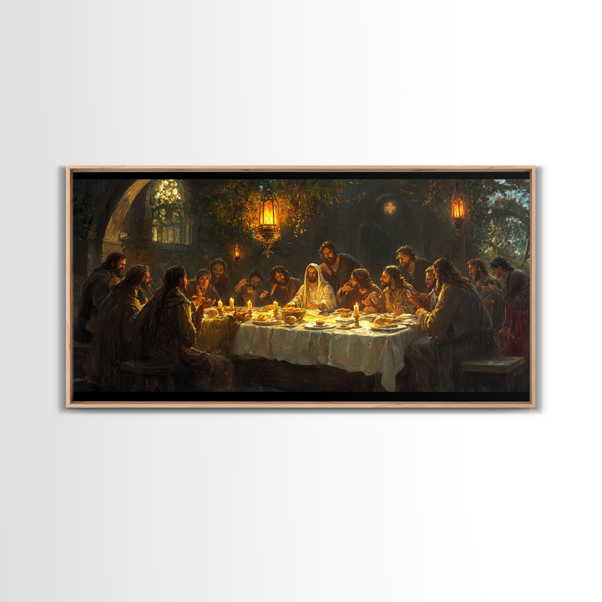 Framed canvas print of The Last Supper oil painting scene in a light brown wood frame.