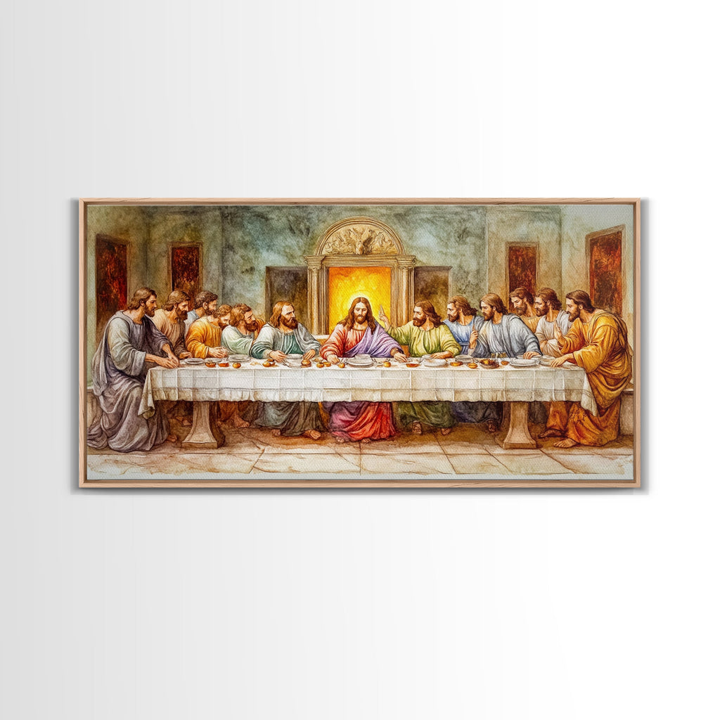 Framed canvas print of The Last Supper scene with Jesus at the center table