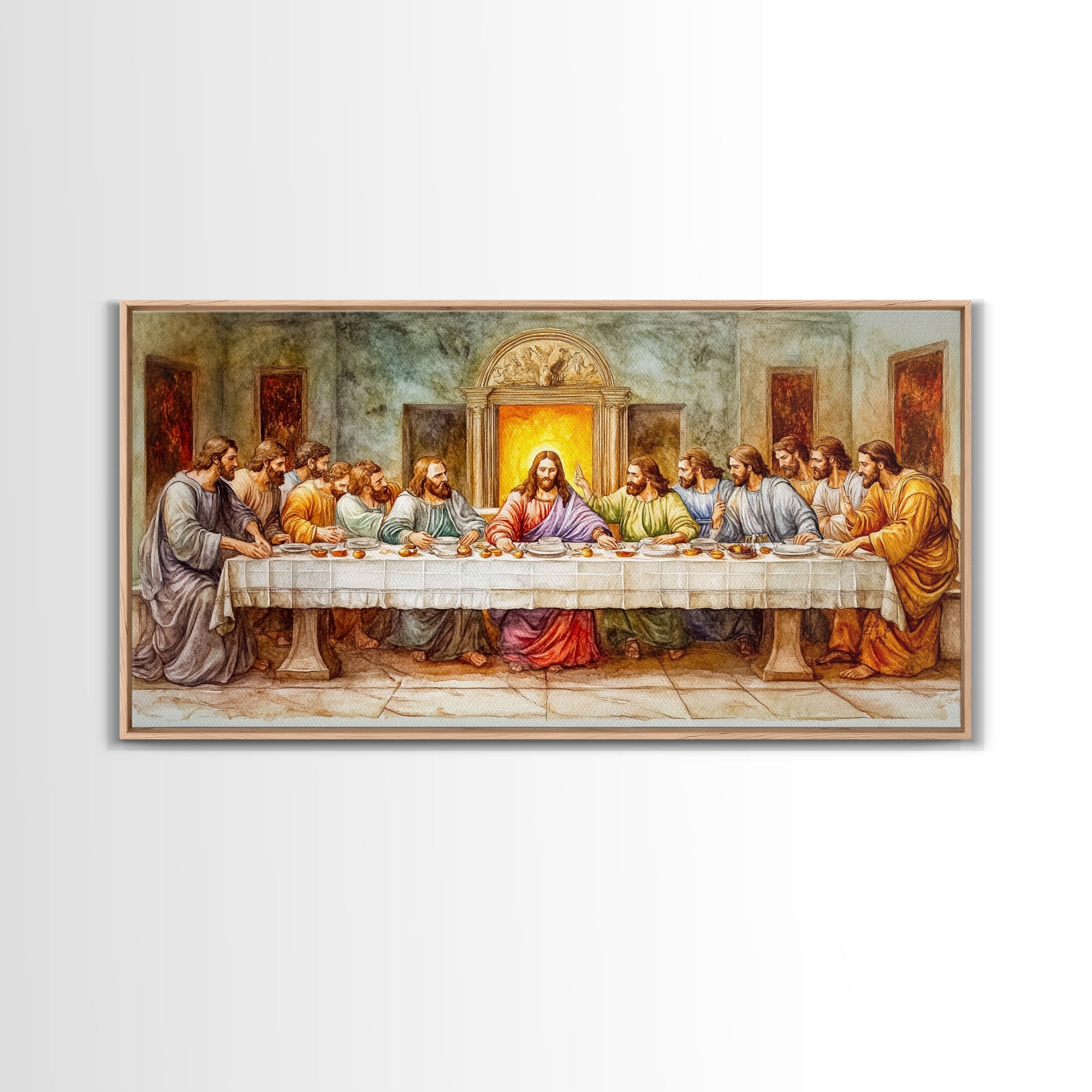 Framed canvas print of The Last Supper scene with Jesus at the center table
