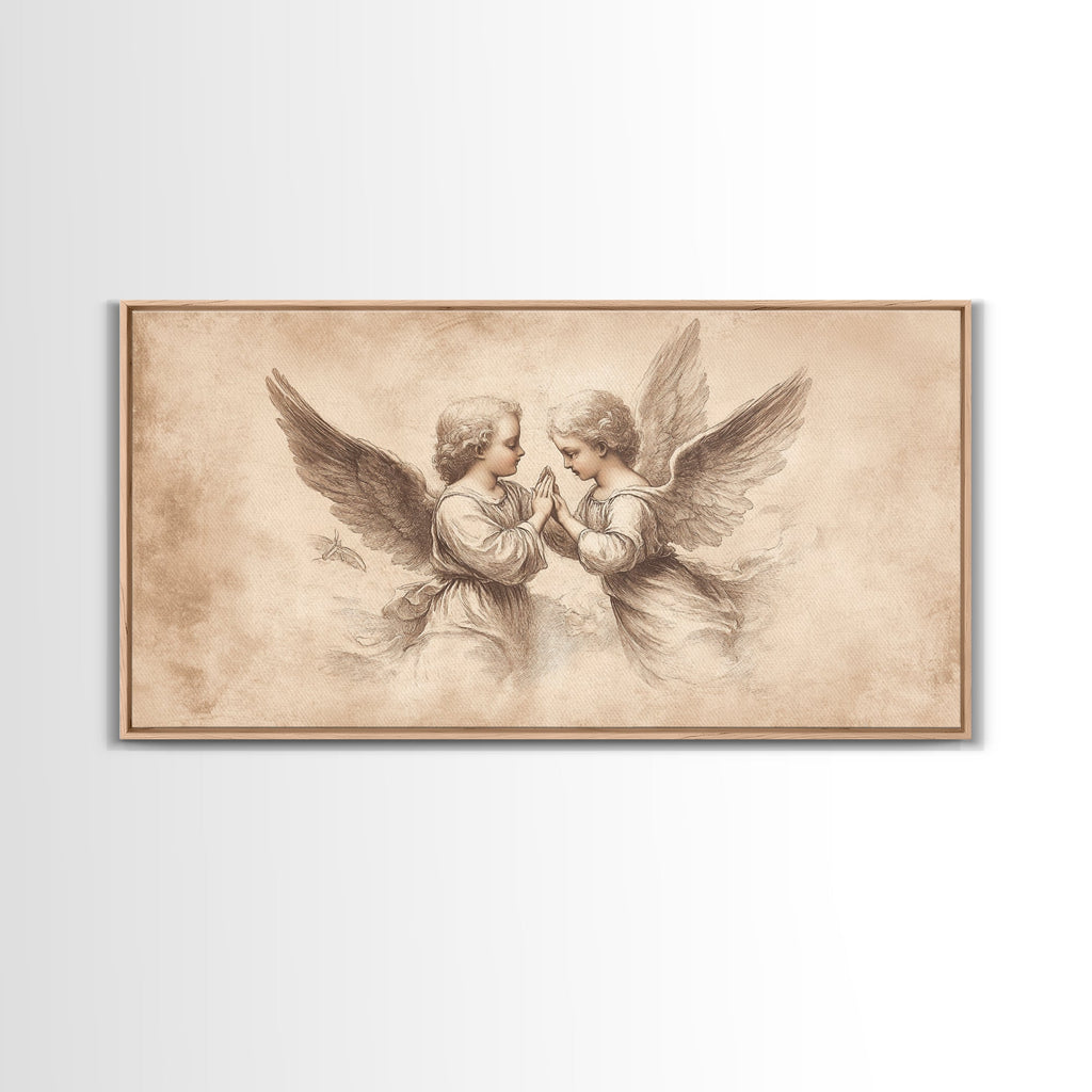 Angel wall art canvas print with two cherubs and wings, beige sketch, wood frame