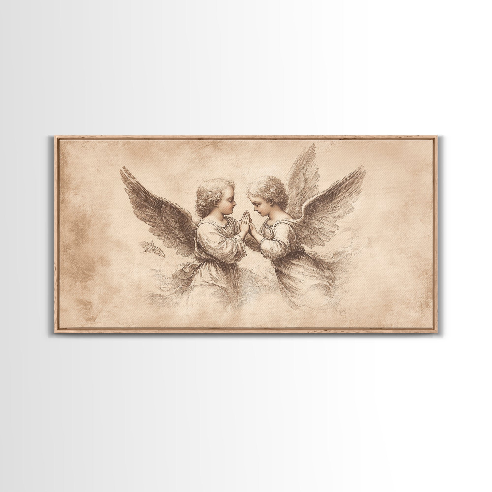Angel wall art canvas print with two cherubs and wings, beige sketch, wood frame