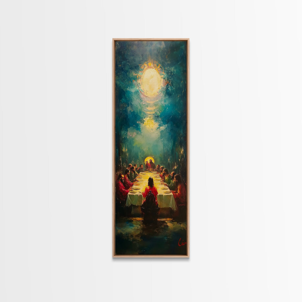 Last Supper wall art canvas in light wood frame, Christ halo above apostles