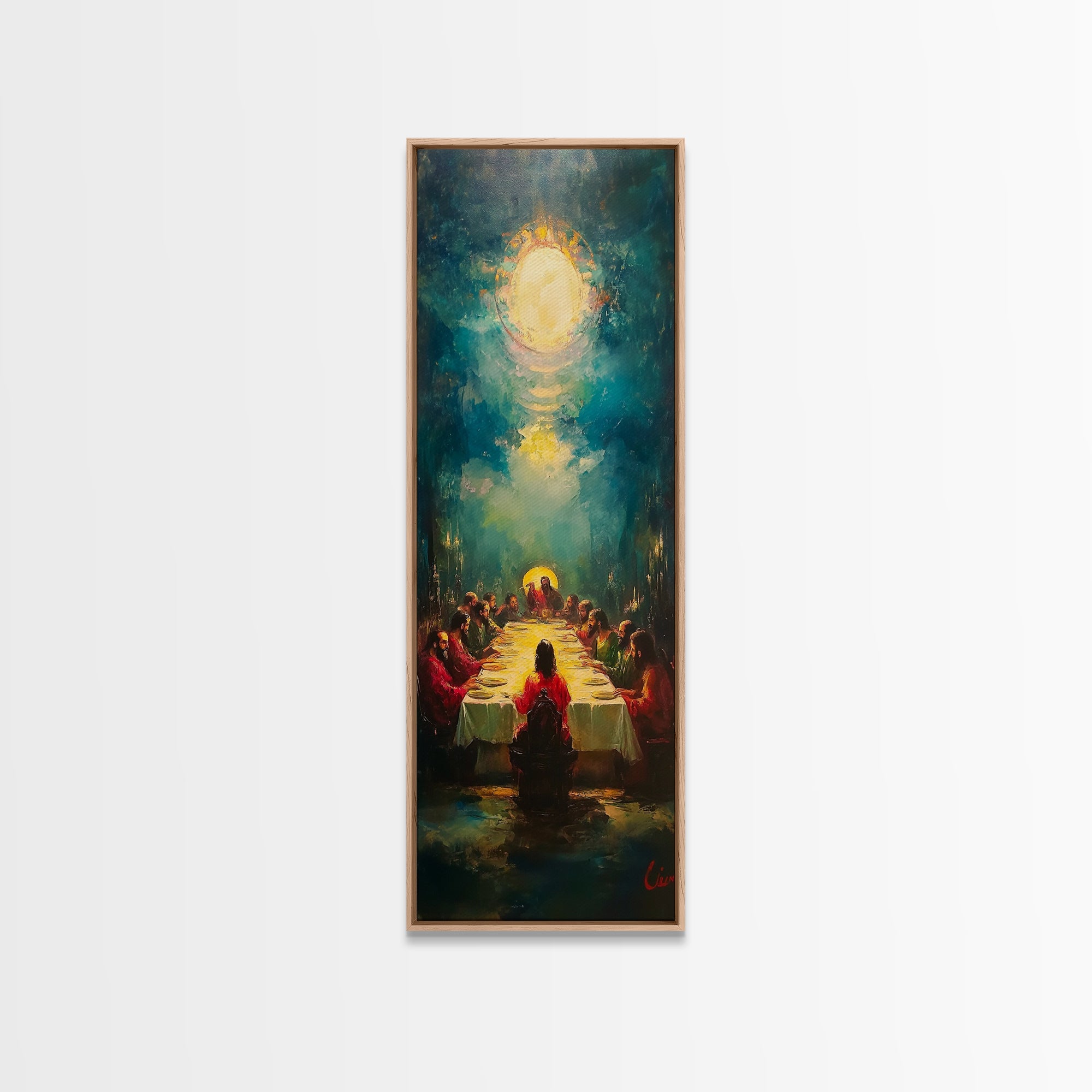 Last Supper wall art canvas in light wood frame, Christ halo above apostles