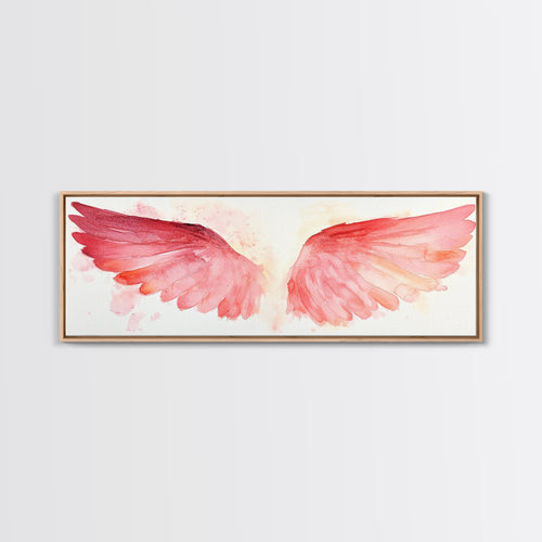 Angel wings canvas print in light wood frame with pink watercolor wings