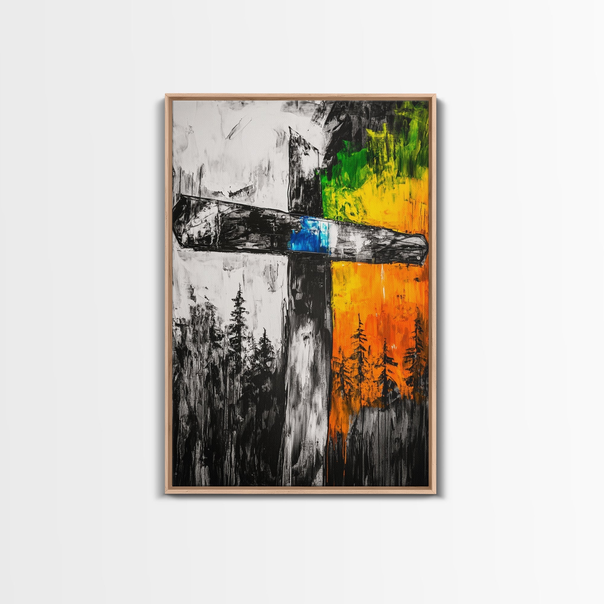 Wooden cross wall art canvas in a light oak frame with orange, green, blue and black details