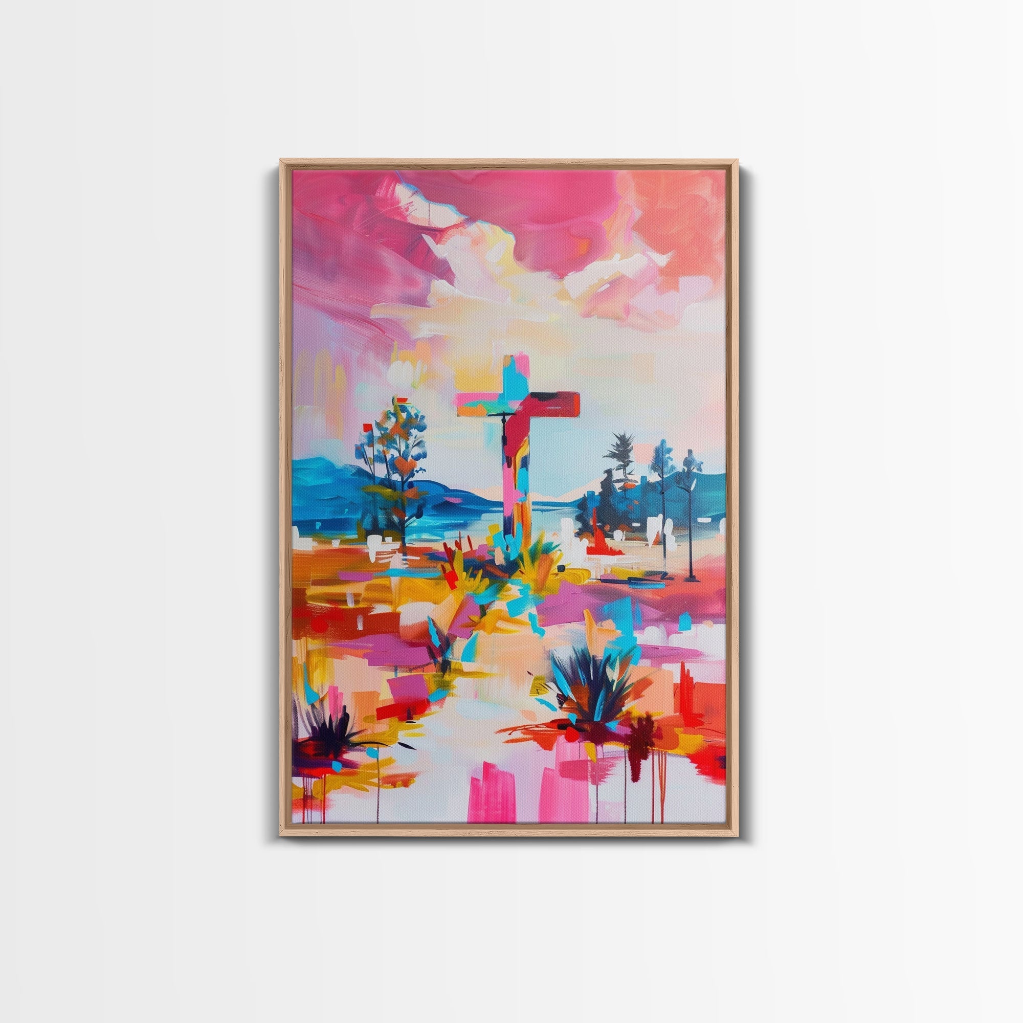 Framed canvas wall art: colorful cross over western landscape, vivid abstract brushstrokes