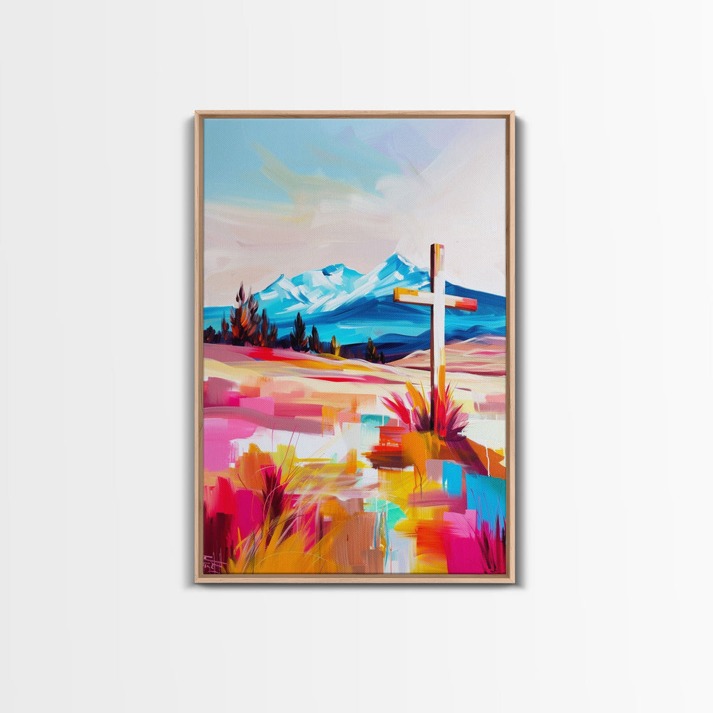 Framed canvas wall art with cross on colorful mountain desert landscape