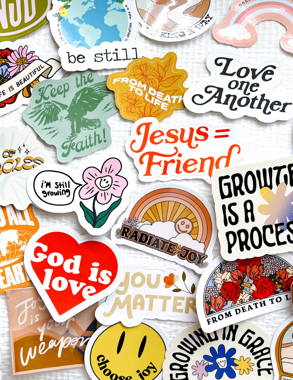 Sheet of religious stickers with phrases like 'God is Love' and 'Jesus=Friend'
