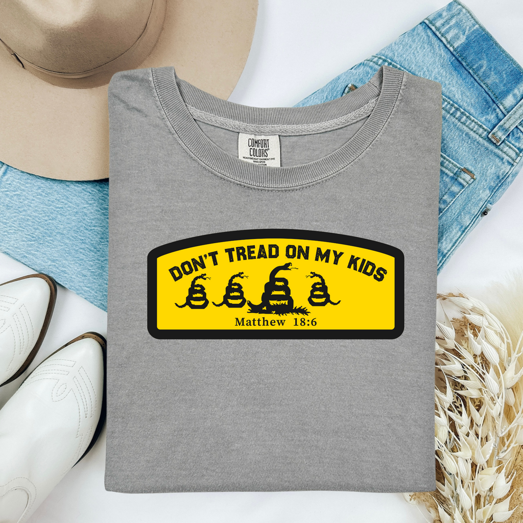 Kids T-shirt with gray crew and yellow Don't Tread graphic, Matthew 18:6
